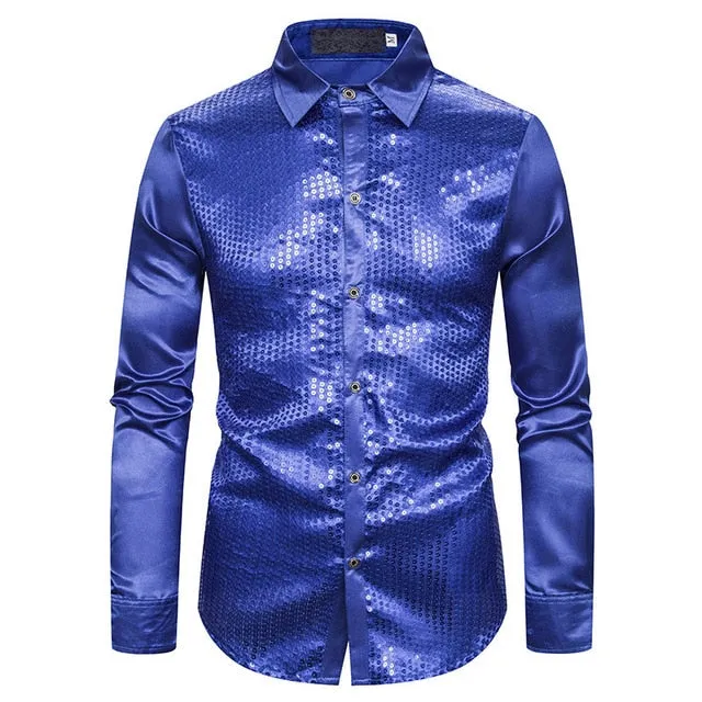 Lakis Designer Luxury Sequin Satin Long Sleeve Dress Shirt