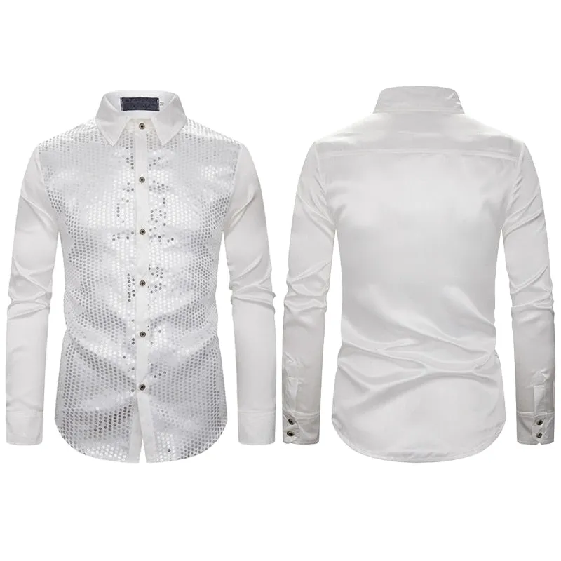 Lakis Designer Luxury Sequin Satin Long Sleeve Dress Shirt