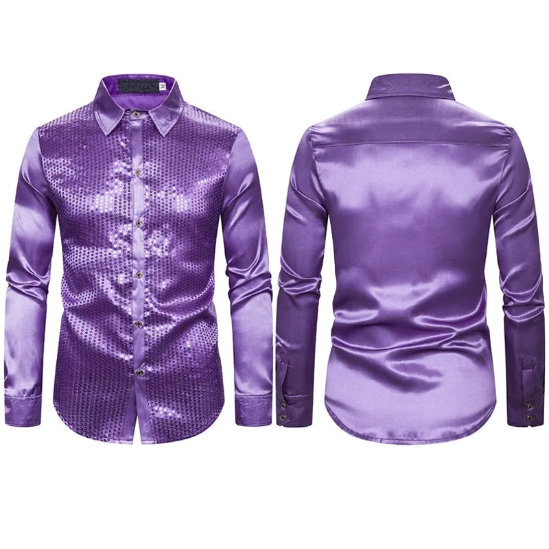 Lakis Designer Luxury Sequin Satin Long Sleeve Dress Shirt