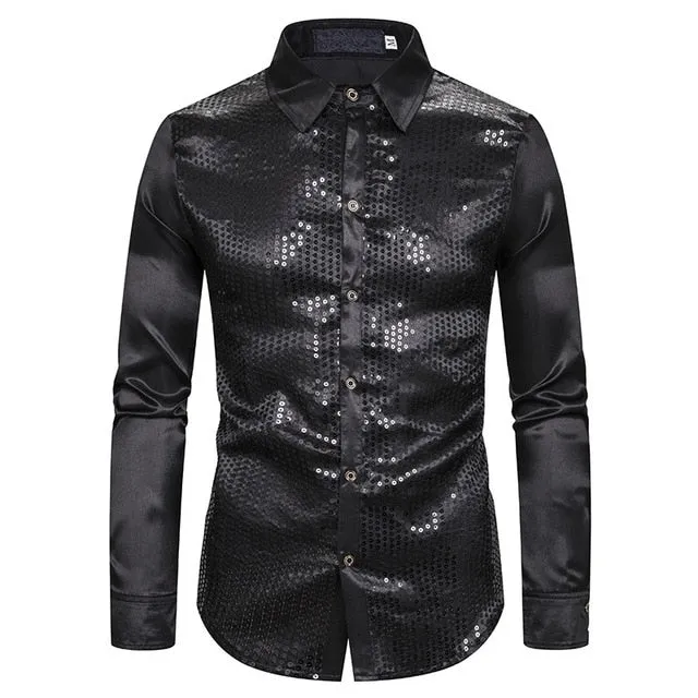 Lakis Designer Luxury Sequin Satin Long Sleeve Dress Shirt