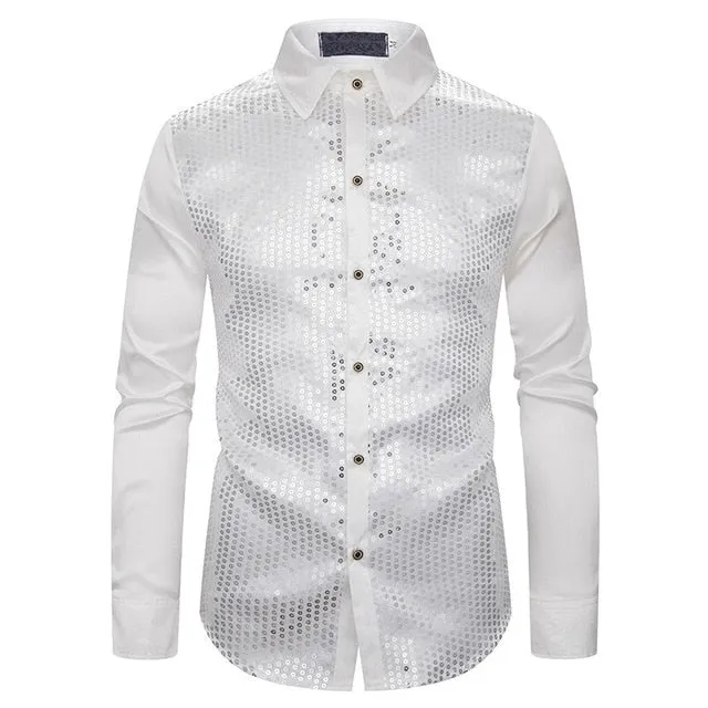 Lakis Designer Luxury Sequin Satin Long Sleeve Dress Shirt