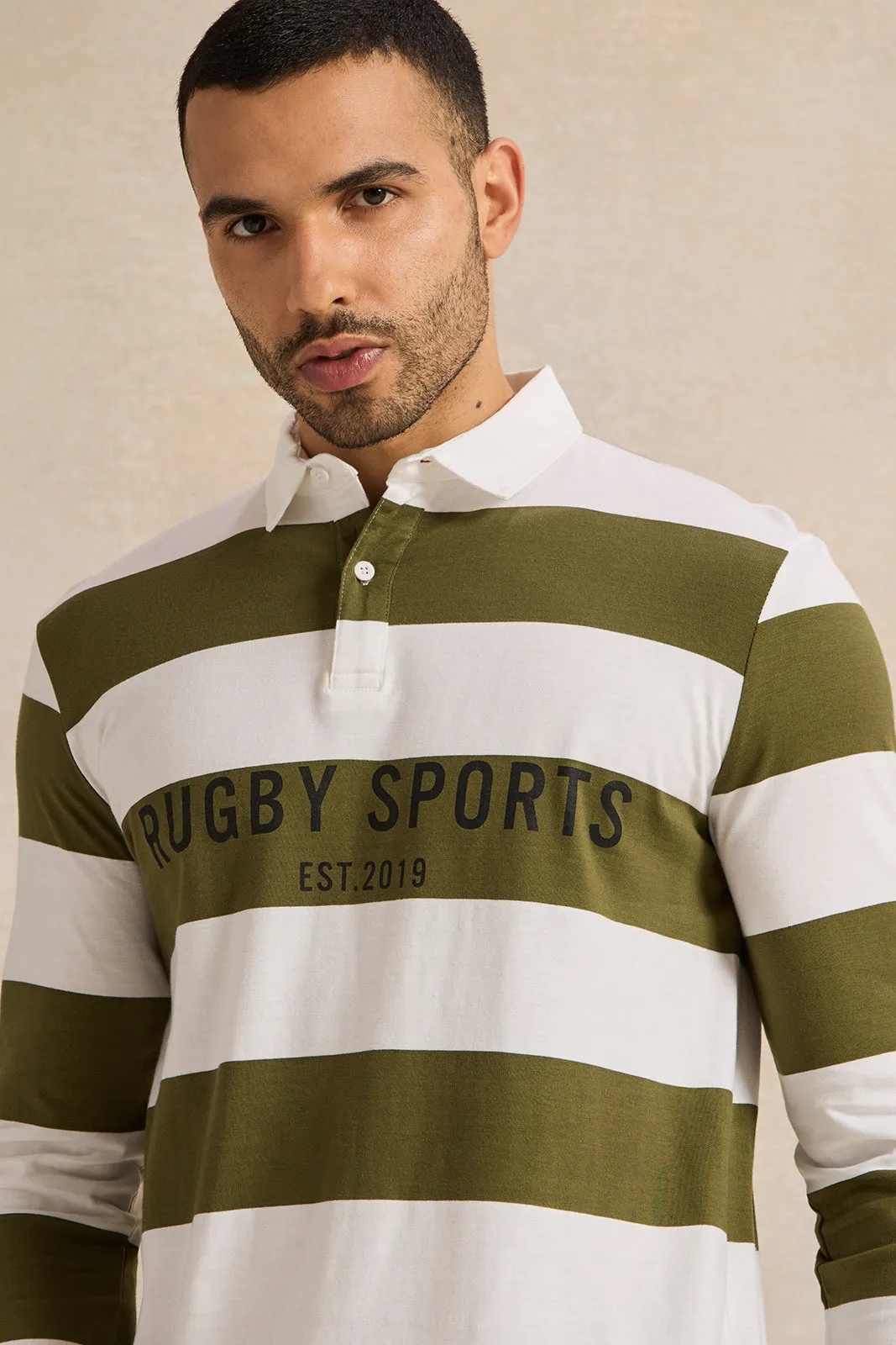 Men Green And White Casual Polo T-shirt