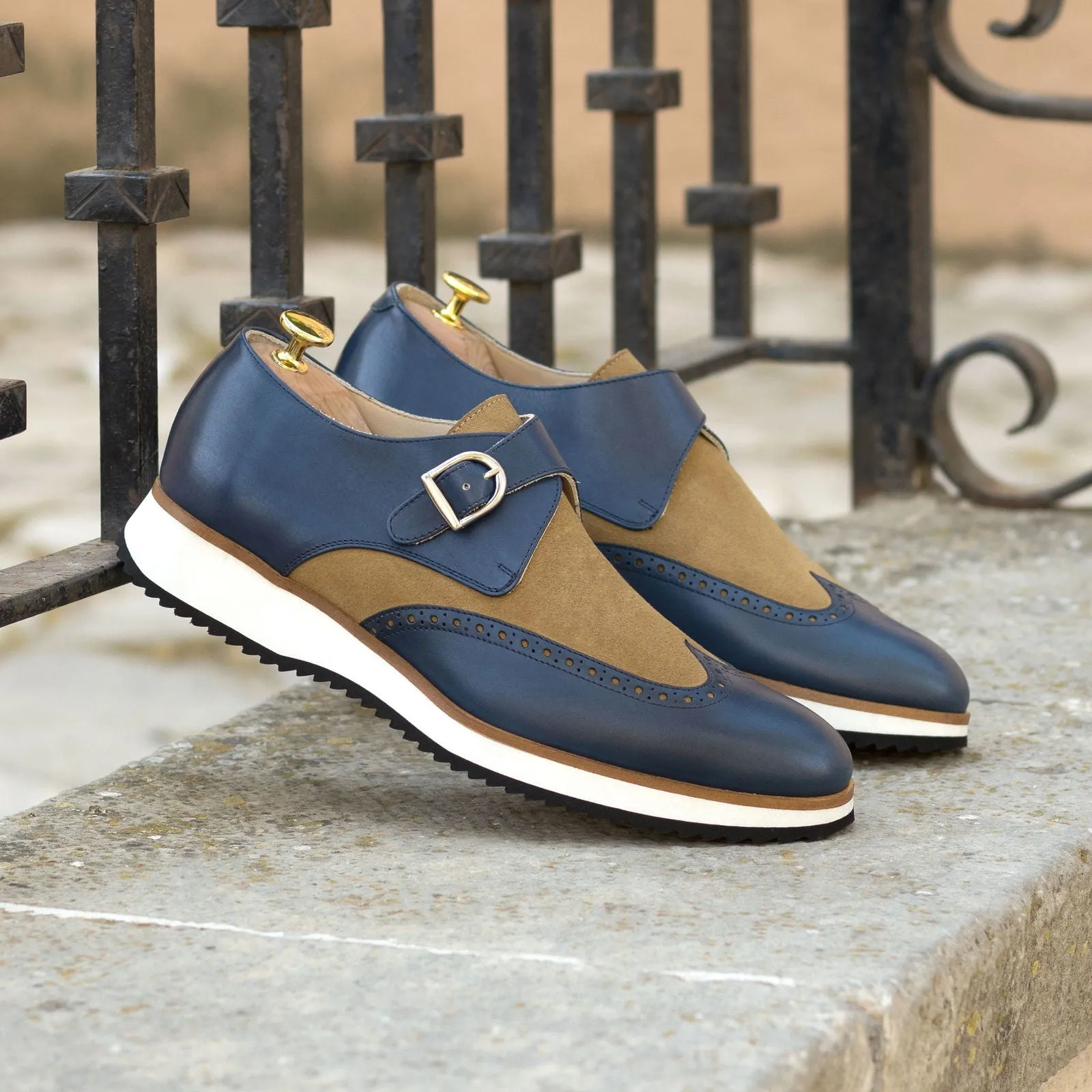 Men's Single Monk Leather Shoes Wide Plus Size Brown Blue 5430