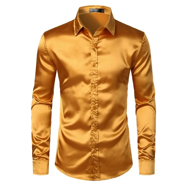 Men's Slim Fit Black Satin Dress Shirt