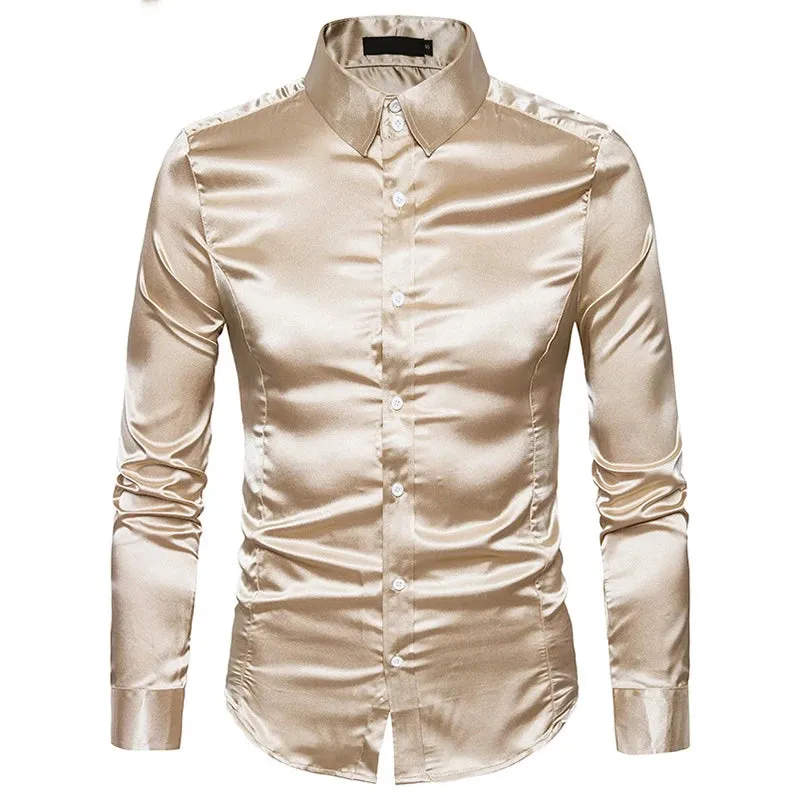 Men's Slim Fit Black Satin Dress Shirt