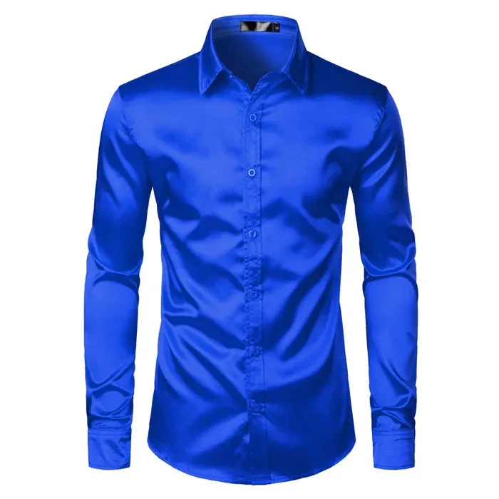 Men's Slim Fit Black Satin Dress Shirt