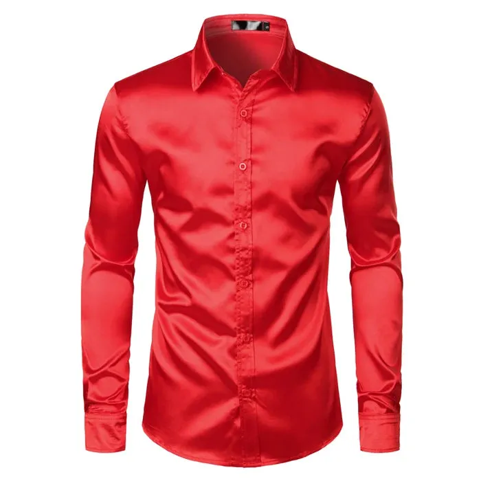 Men's Slim Fit Black Satin Dress Shirt
