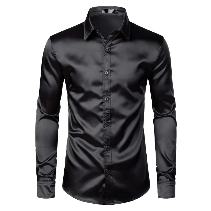 Men's Slim Fit Black Satin Dress Shirt