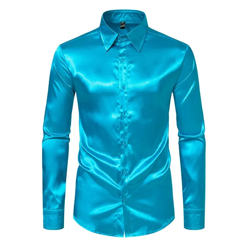 Men's Slim Fit Black Satin Dress Shirt