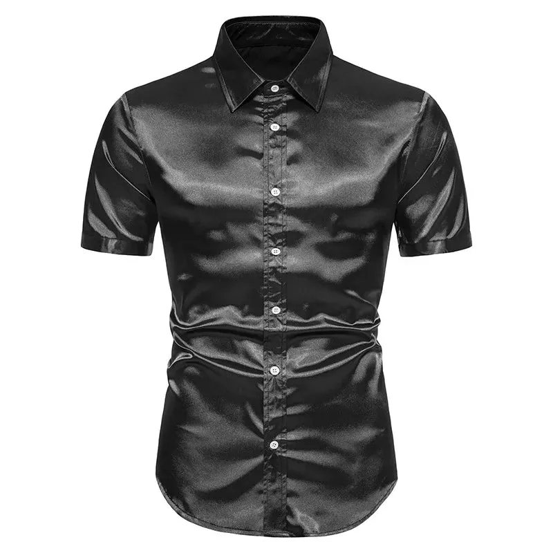 Men's Slim Fit Black Satin Dress Shirt