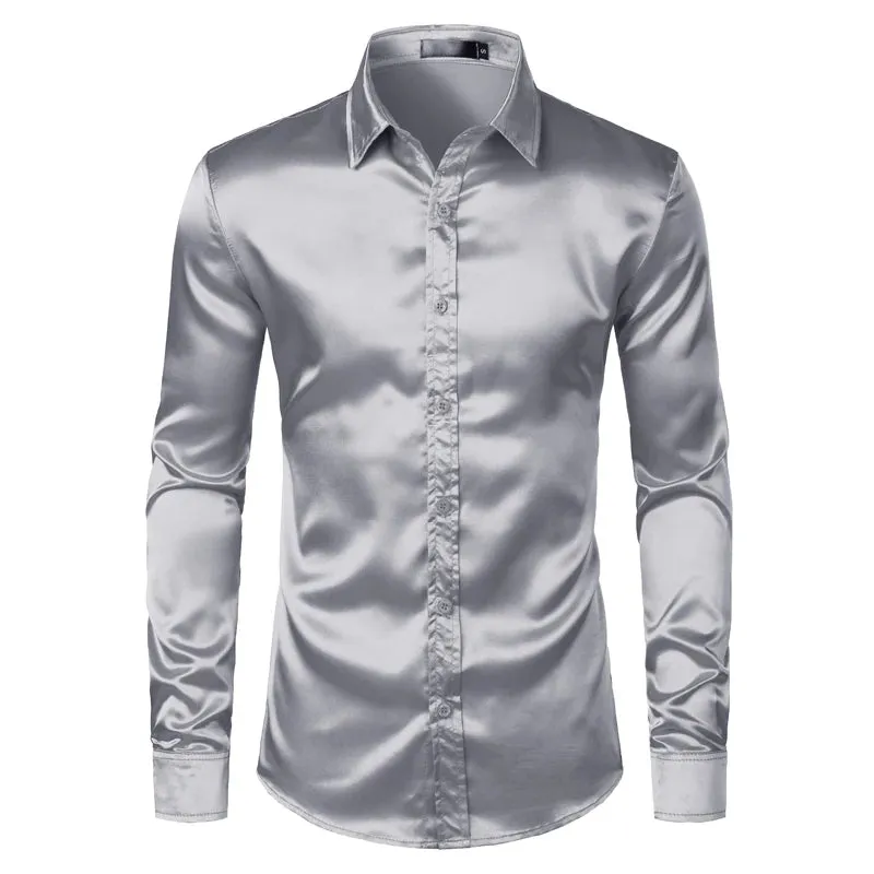 Men's Slim Fit Black Satin Dress Shirt