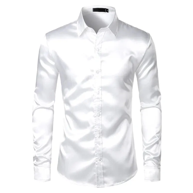Men's Slim Fit Black Satin Dress Shirt