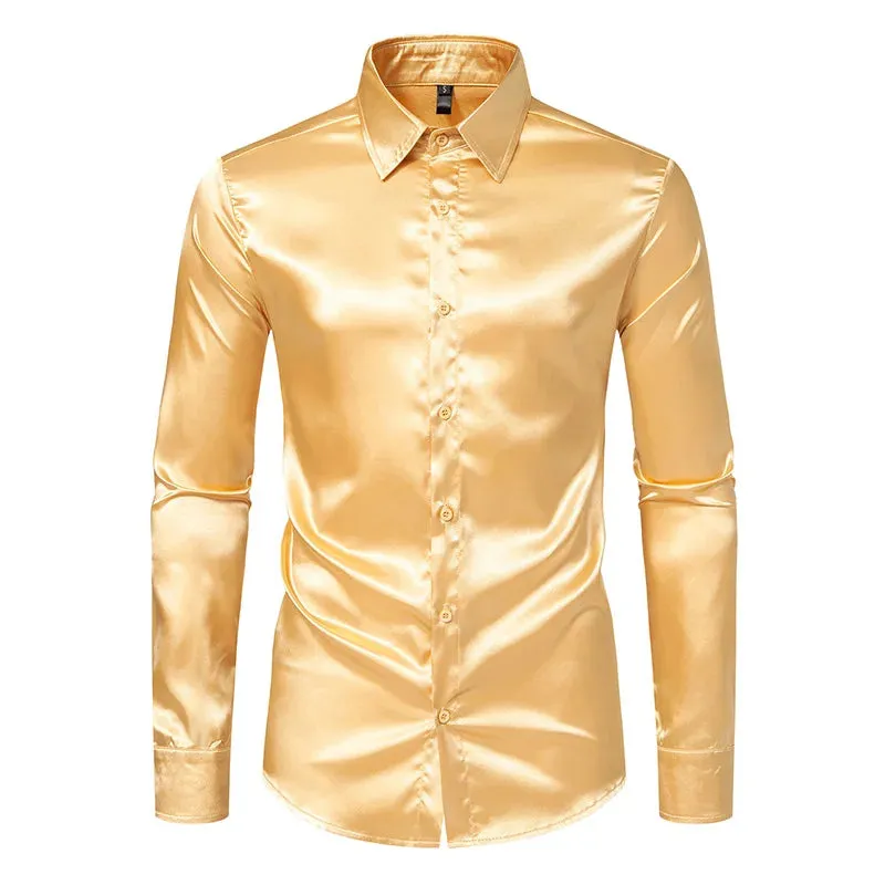Men's Slim Fit Black Satin Dress Shirt