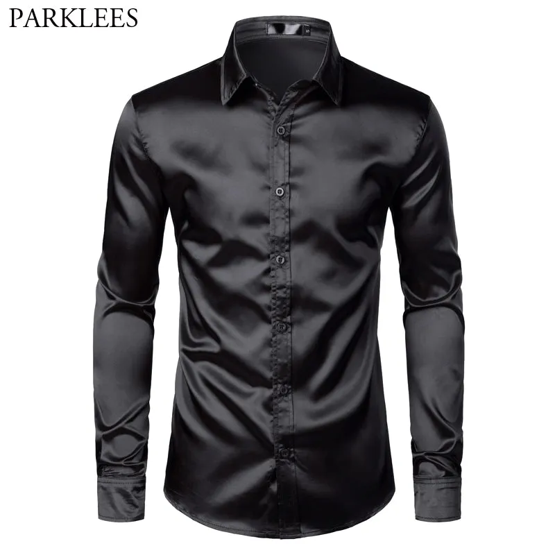 Men's Slim Fit Black Satin Dress Shirt