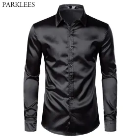 Men's Slim Fit Black Satin Dress Shirt