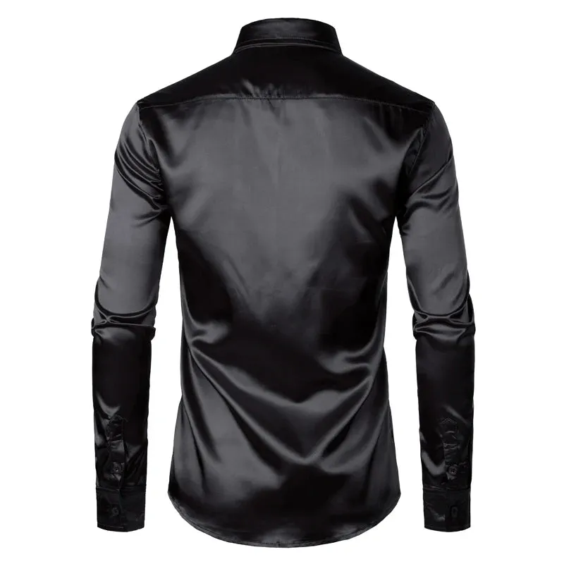 Men's Slim Fit Black Satin Dress Shirt