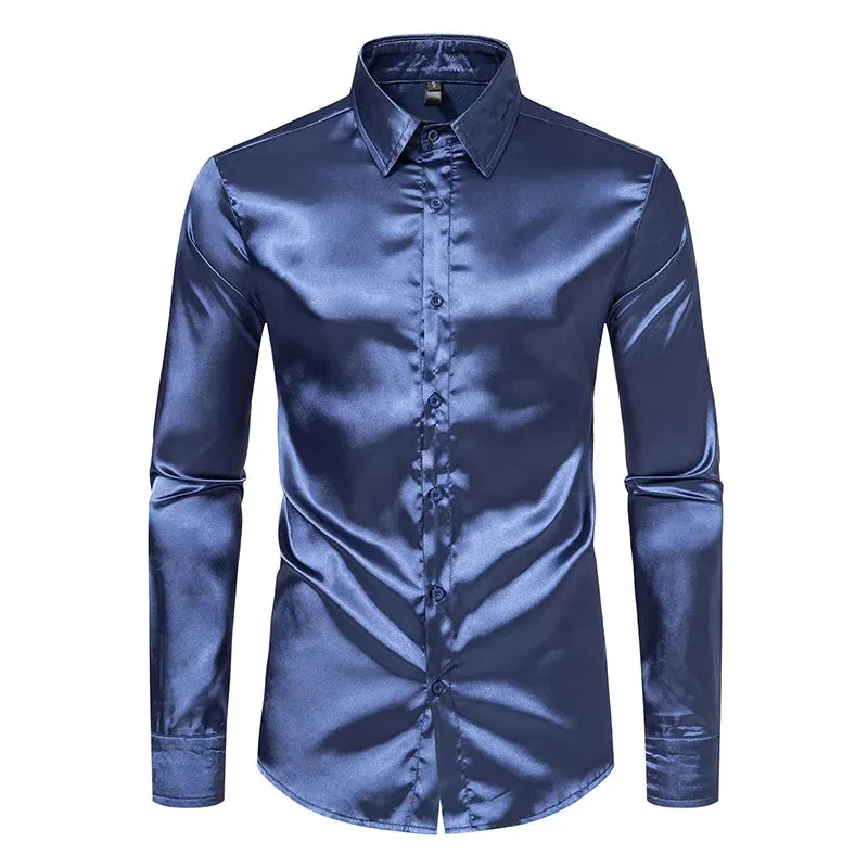 Men's Slim Fit Black Satin Dress Shirt