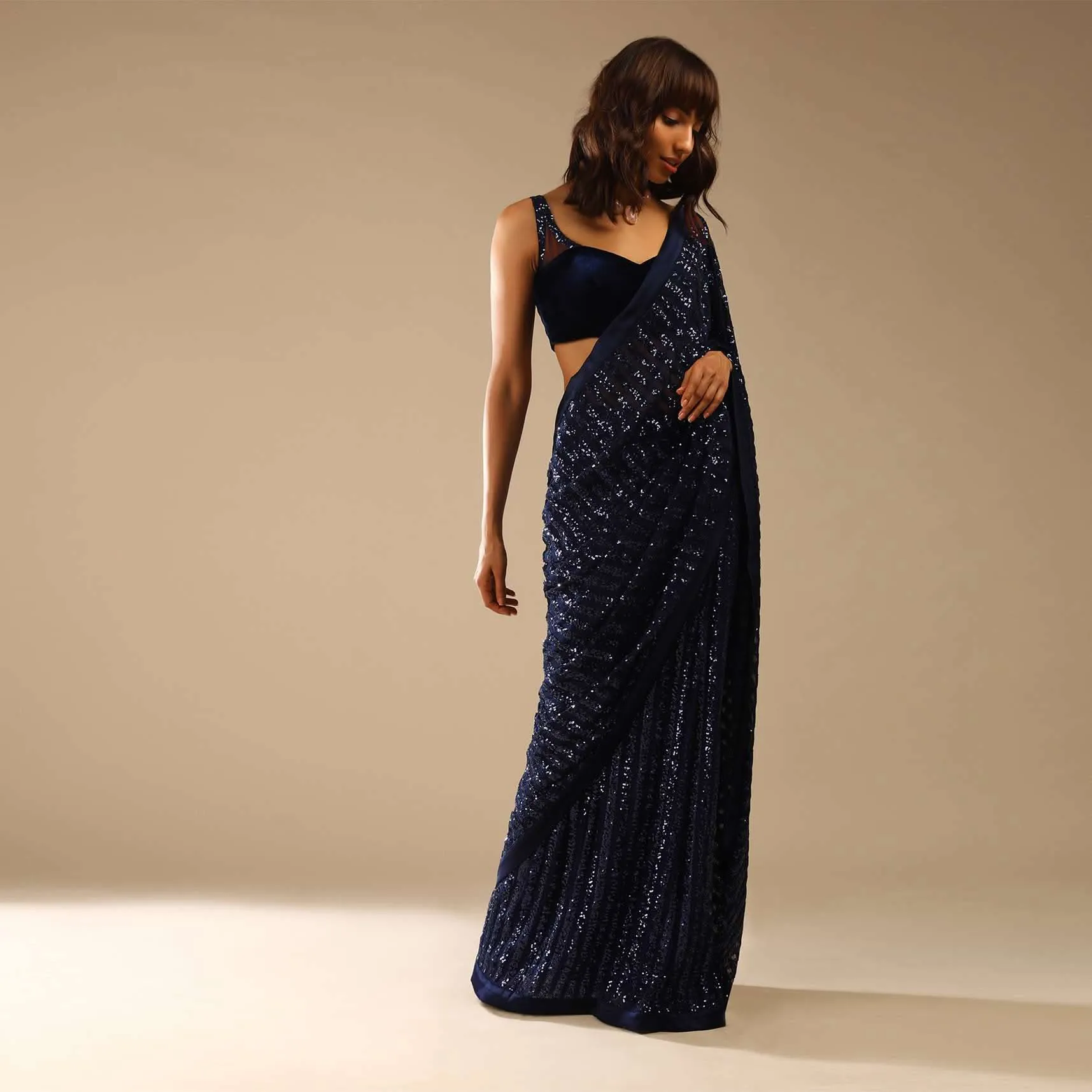 Midnight Blue Ready-To-Wear Sequins Saree With Velvet Blouse