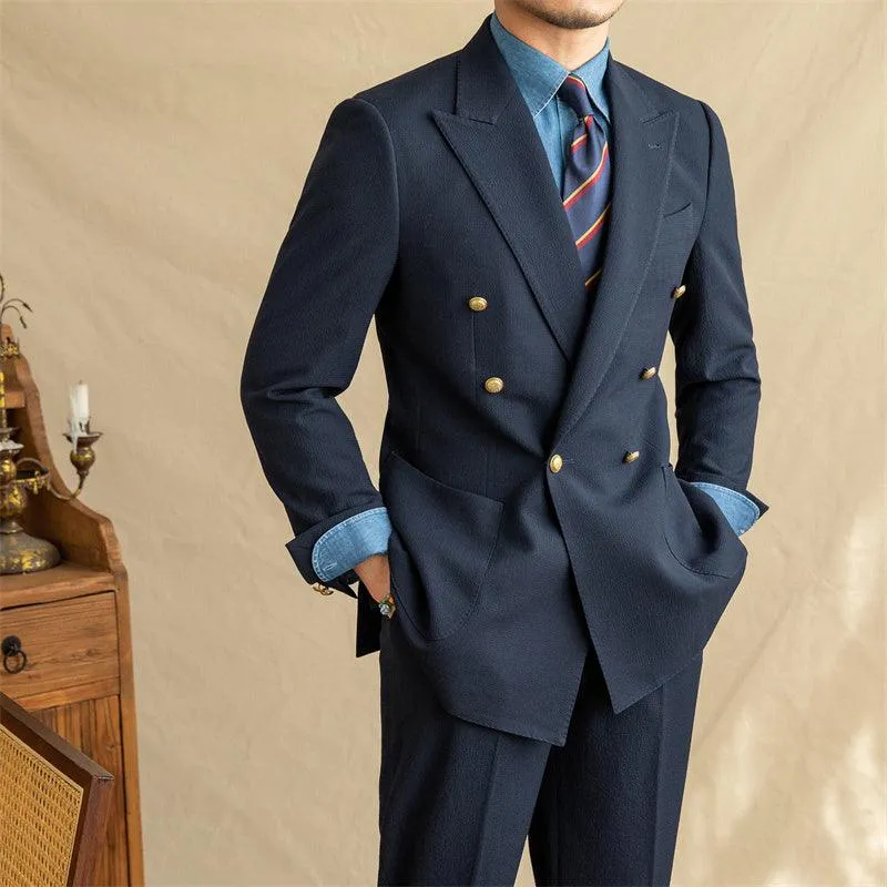 Milky White & Cyan Seersucker Double-Breasted Jacket