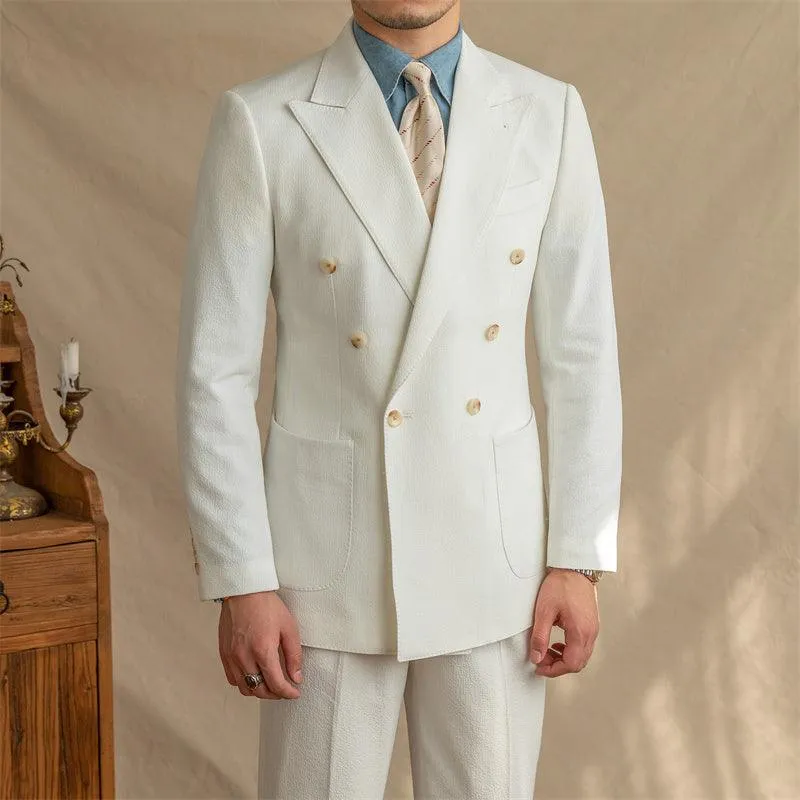 Milky White & Cyan Seersucker Double-Breasted Jacket