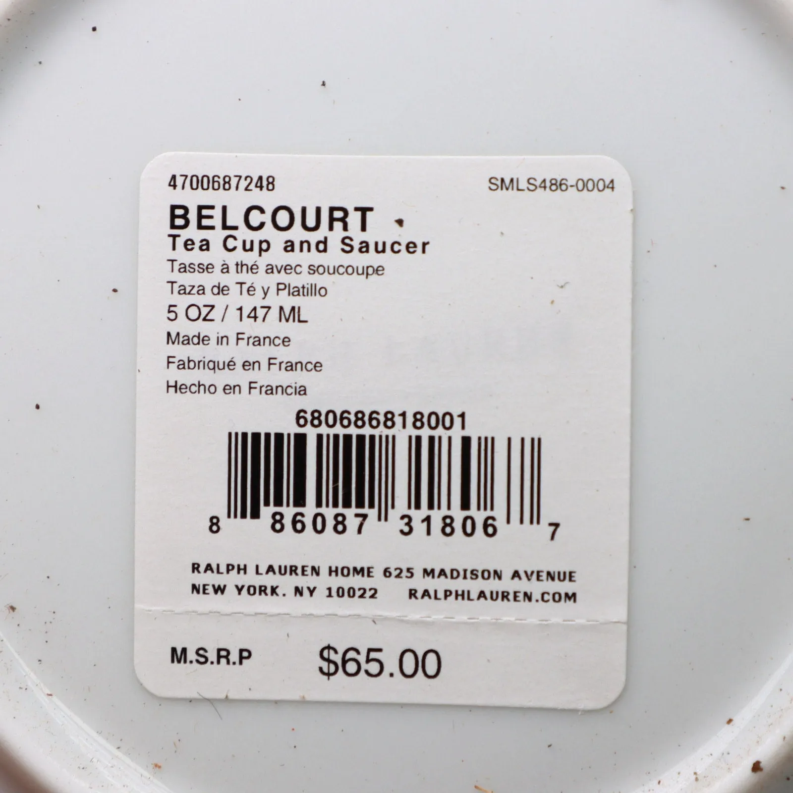 Ralph Lauren Belcourt Bernardaud Limoges 5 oz Flat Cup Saucer Set France New