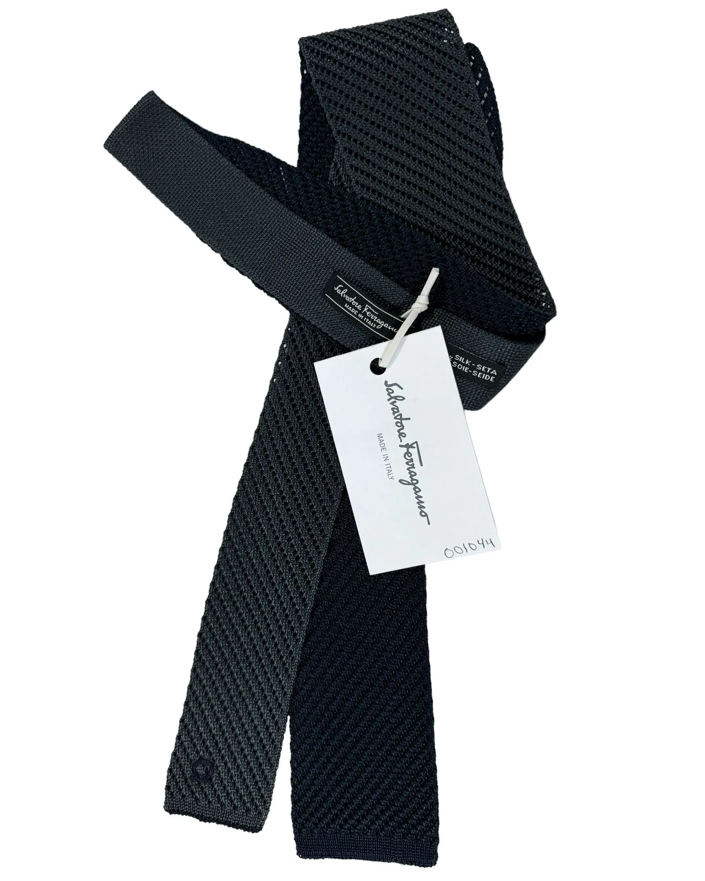 Salvatore Ferragamo Tie Navy Charcoal Gray Knitted Square End Tie - 2 Sided SALE