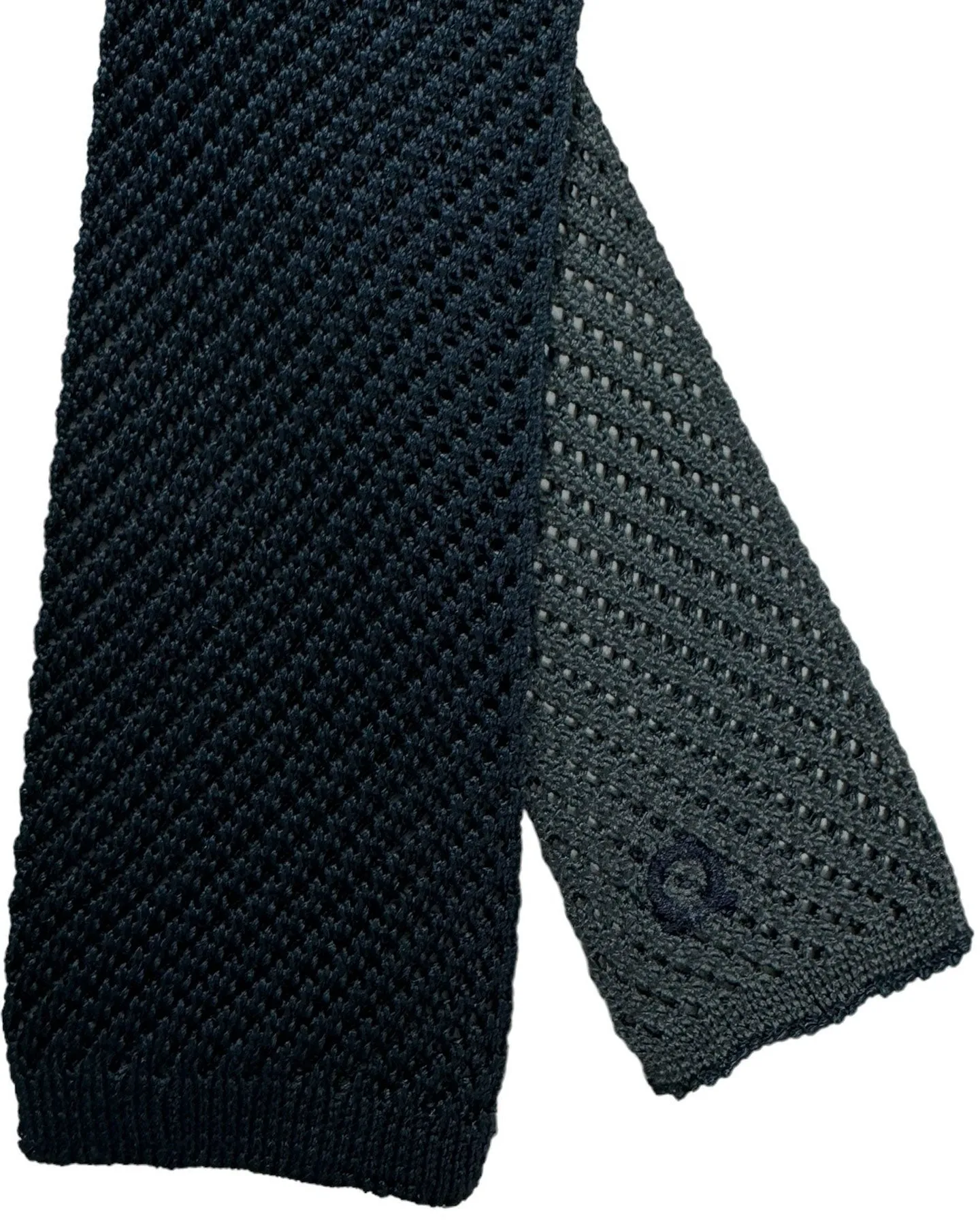 Salvatore Ferragamo Tie Navy Charcoal Gray Knitted Square End Tie - 2 Sided SALE