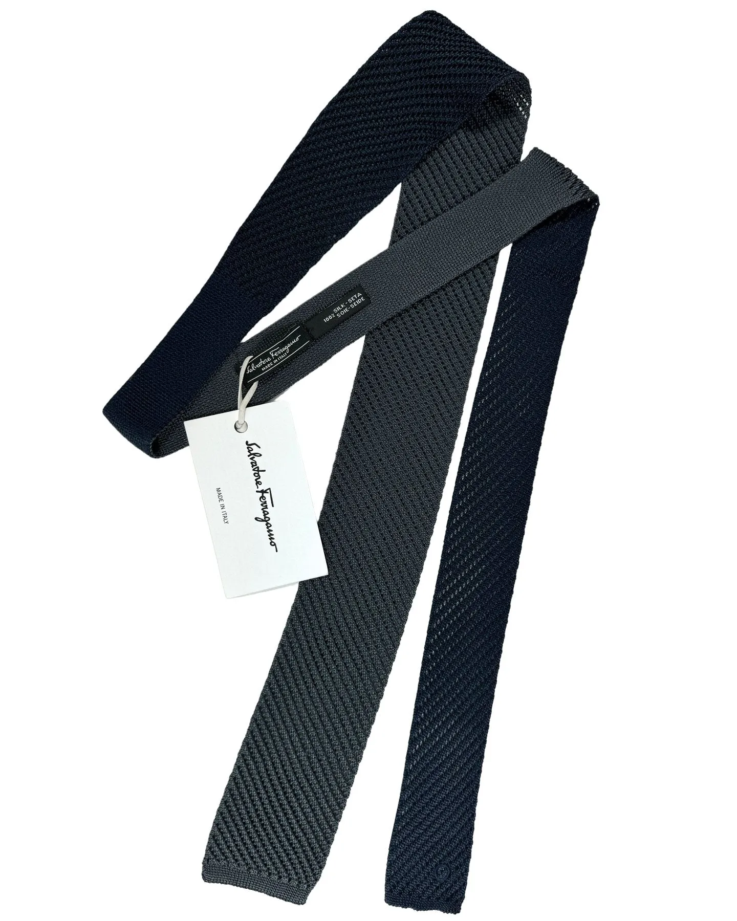 Salvatore Ferragamo Tie Navy Charcoal Gray Knitted Square End Tie - 2 Sided SALE