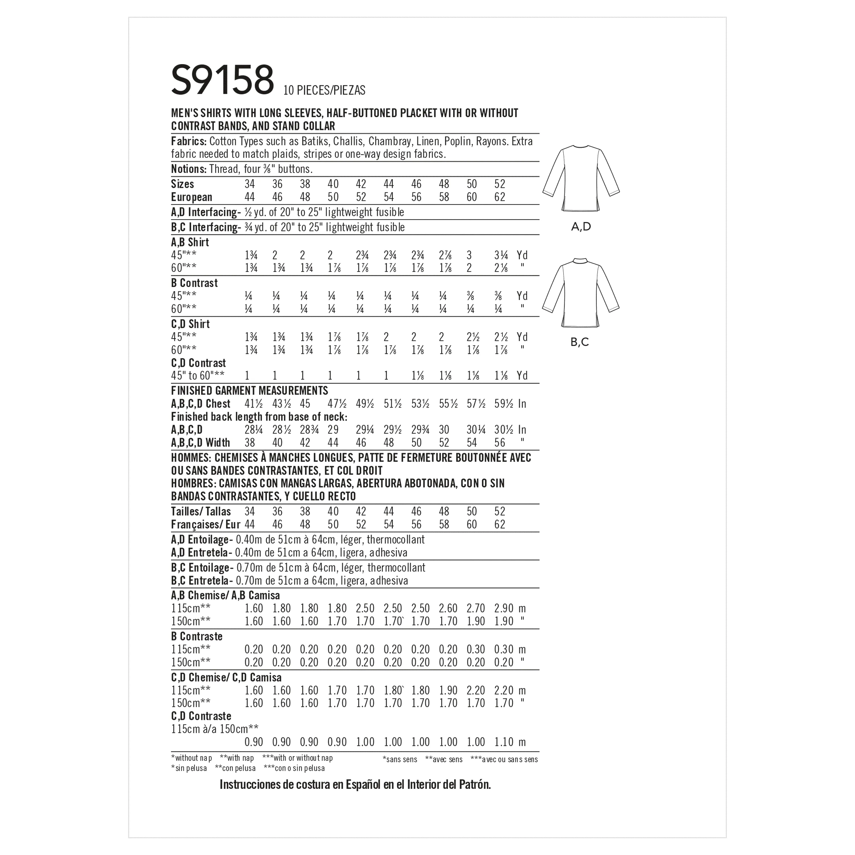 Simplicity 9158 Men's Half Buttoned Shirts Pattern