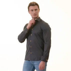 Sleek Black Honeycomb Men's Tailored Slim Fit Dress Shirt with Convertible Cuffs
