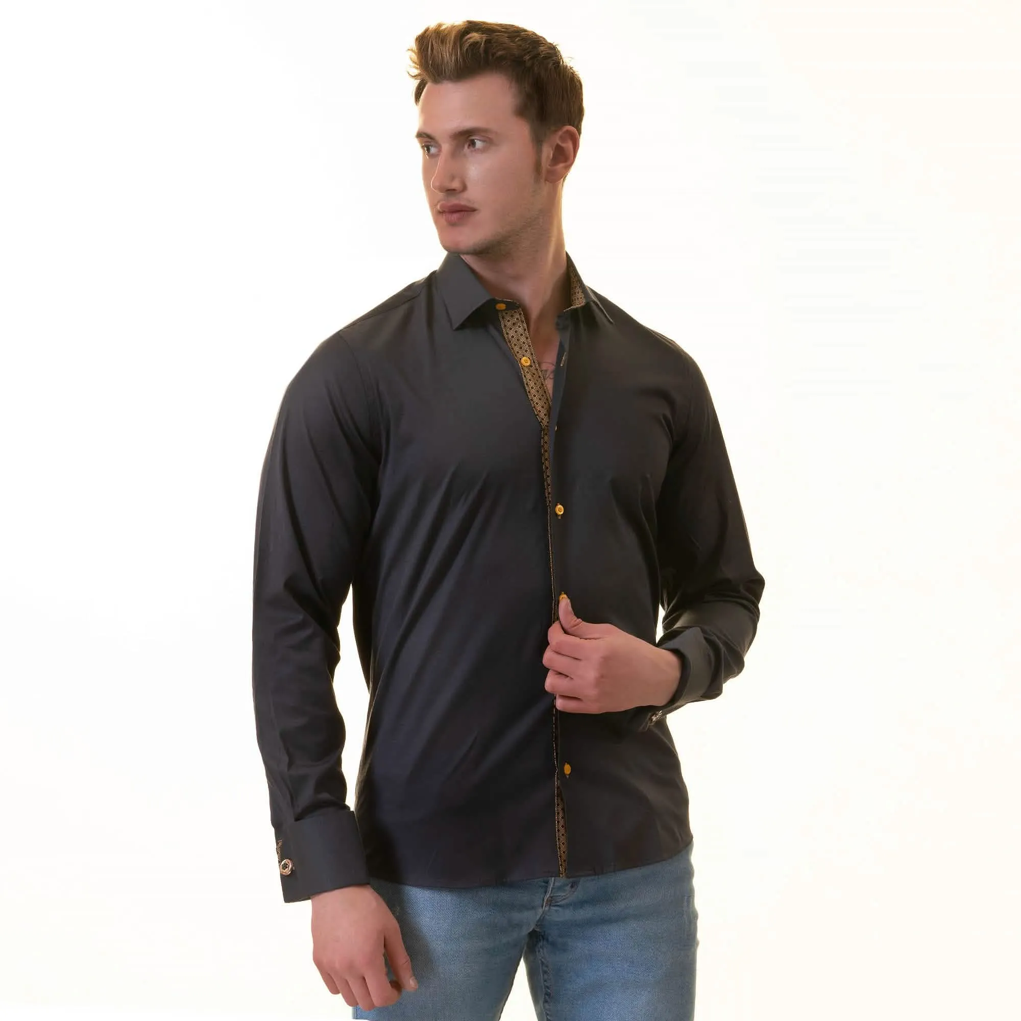 Sleek Black Honeycomb Men's Tailored Slim Fit Dress Shirt with Convertible Cuffs