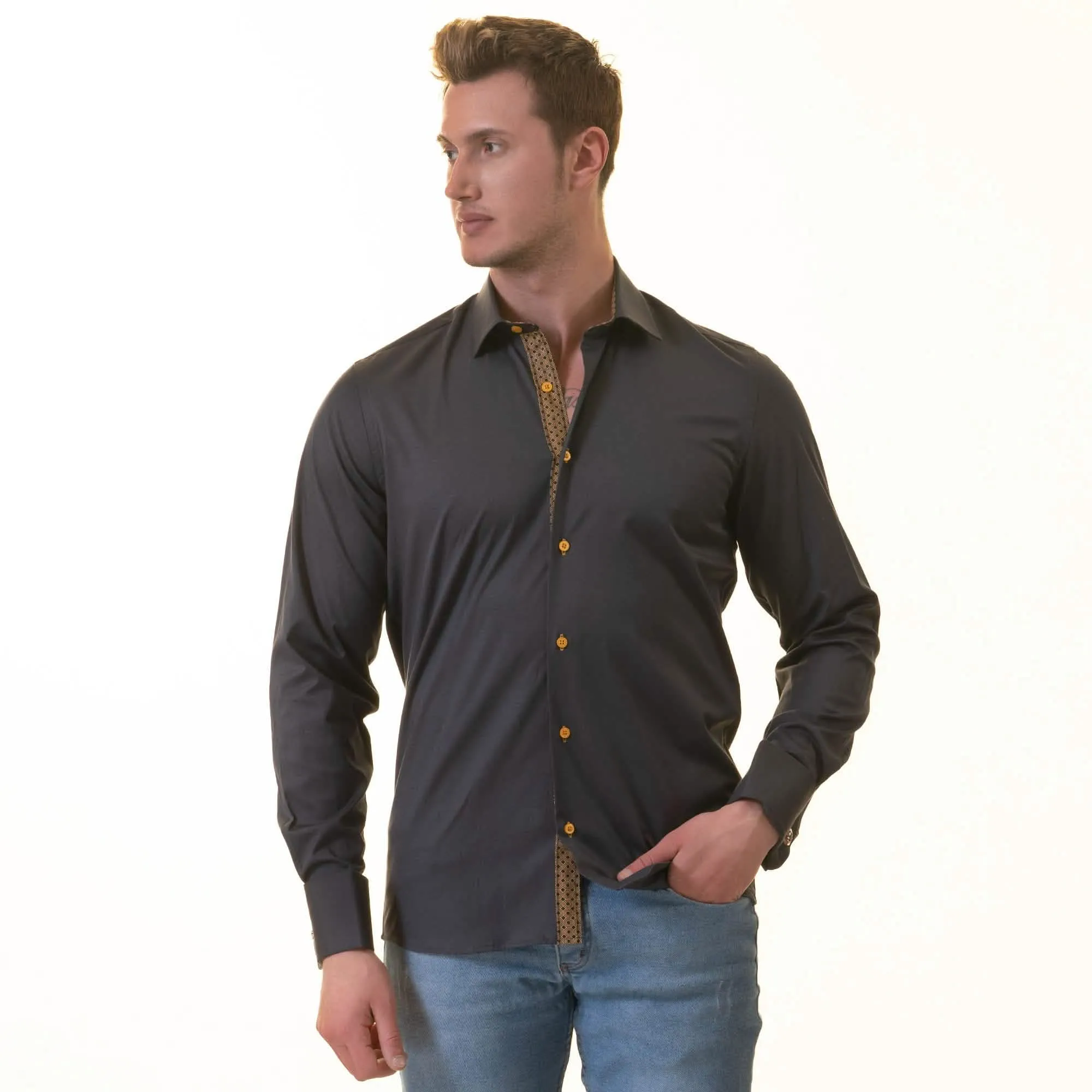 Sleek Black Honeycomb Men's Tailored Slim Fit Dress Shirt with Convertible Cuffs