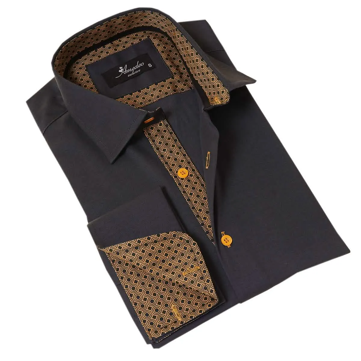 Sleek Black Honeycomb Men's Tailored Slim Fit Dress Shirt with Convertible Cuffs