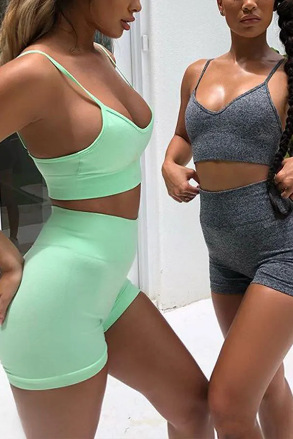 Solid Color Sporty Spaghetti Strap Short Pants Suit