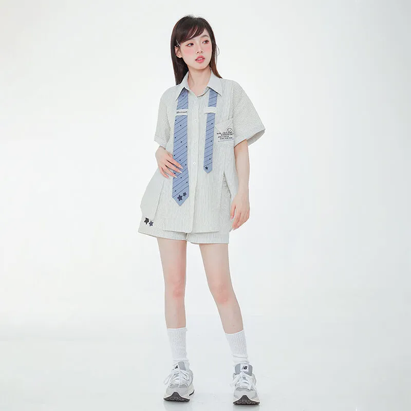 Stars Embroidery Blue Stripe Necktie