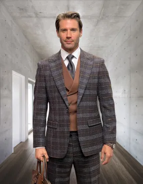 Statement 3Pc Plaid Suit Single Breasted 1 Button Peak Lapel With Solid Color Matching Vest. Super 200\'S Italian Wool & Cashmere. Modern Fit Flat Front Pants| AMALFI| BROWN