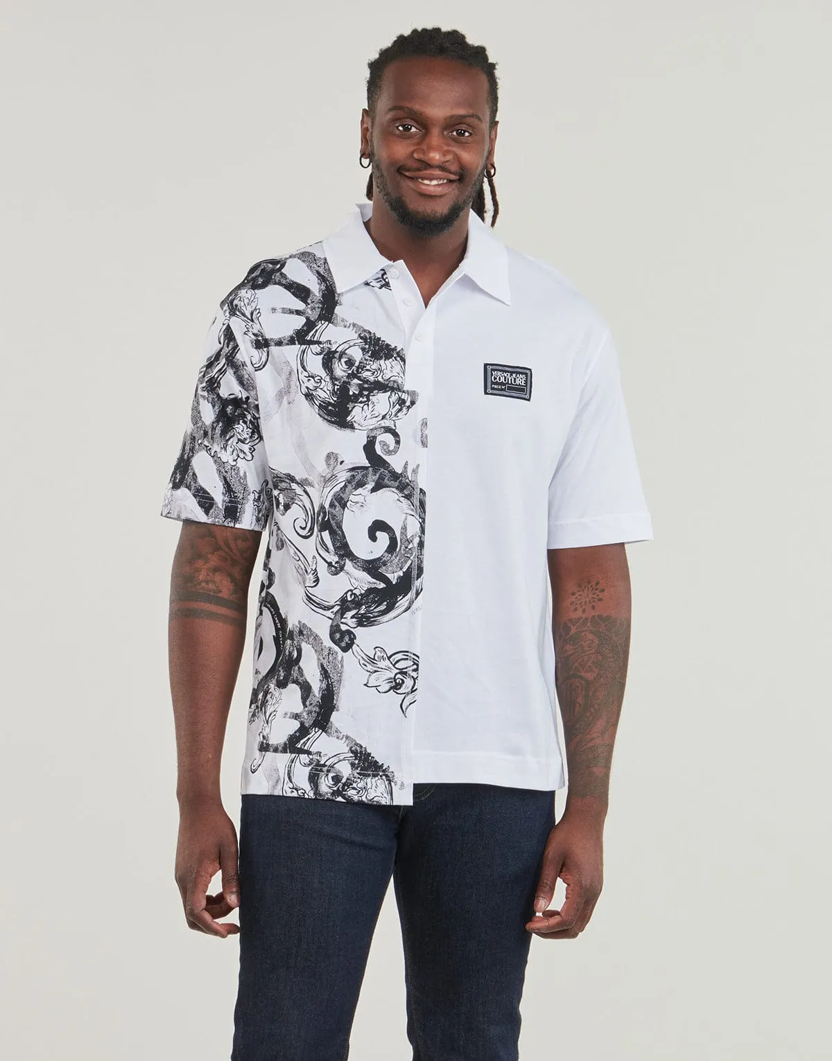 Versace Jeans Couture Split Baroque Print Polo – Monochrome  Modern Elegance-