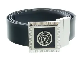 Versace Jeans Couture V Logo Signature Leather Silver Buckle Adjustable Mens Belt-One Size