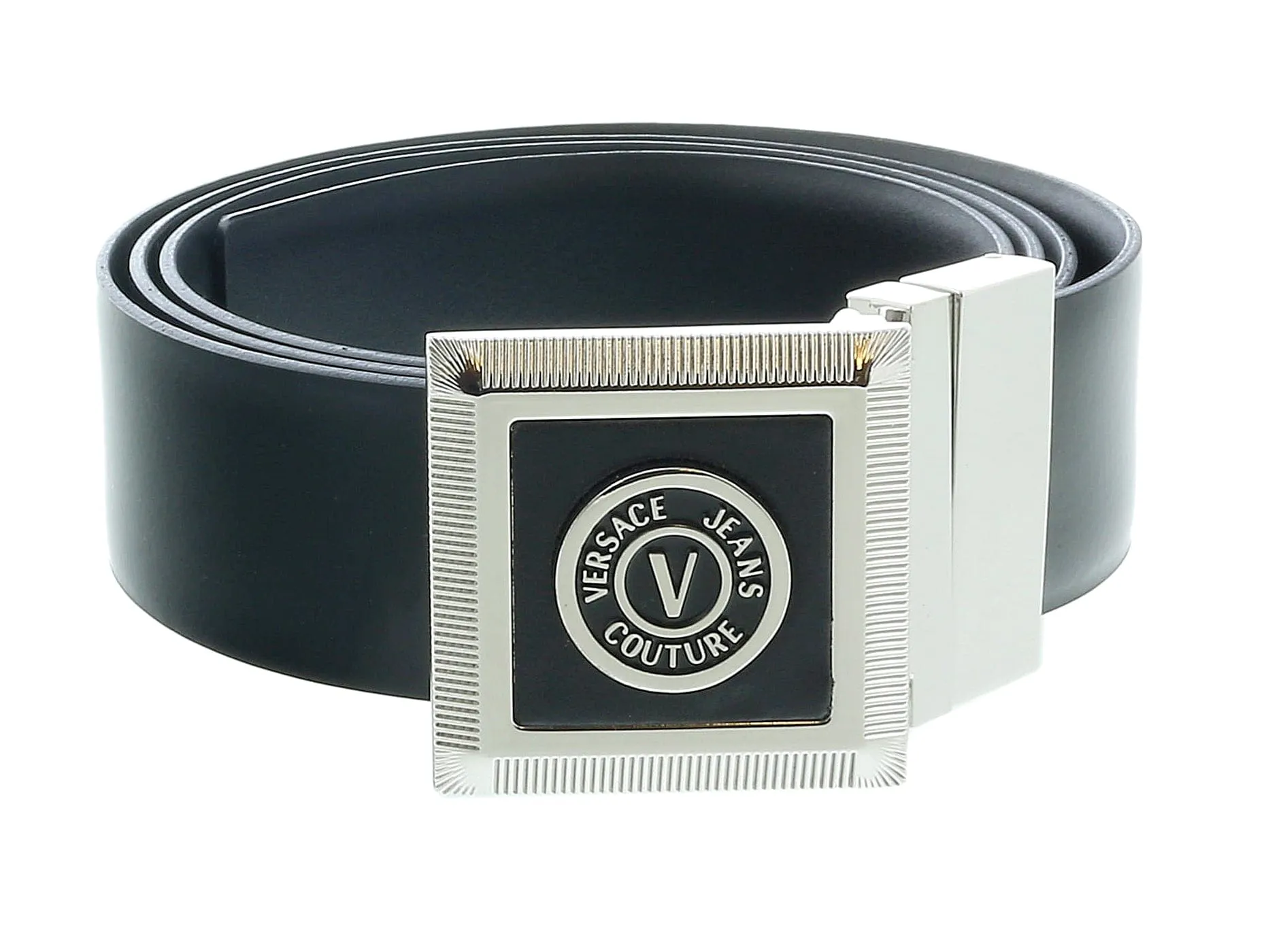 Versace Jeans Couture V Logo Signature Leather Silver Buckle Adjustable Mens Belt-One Size