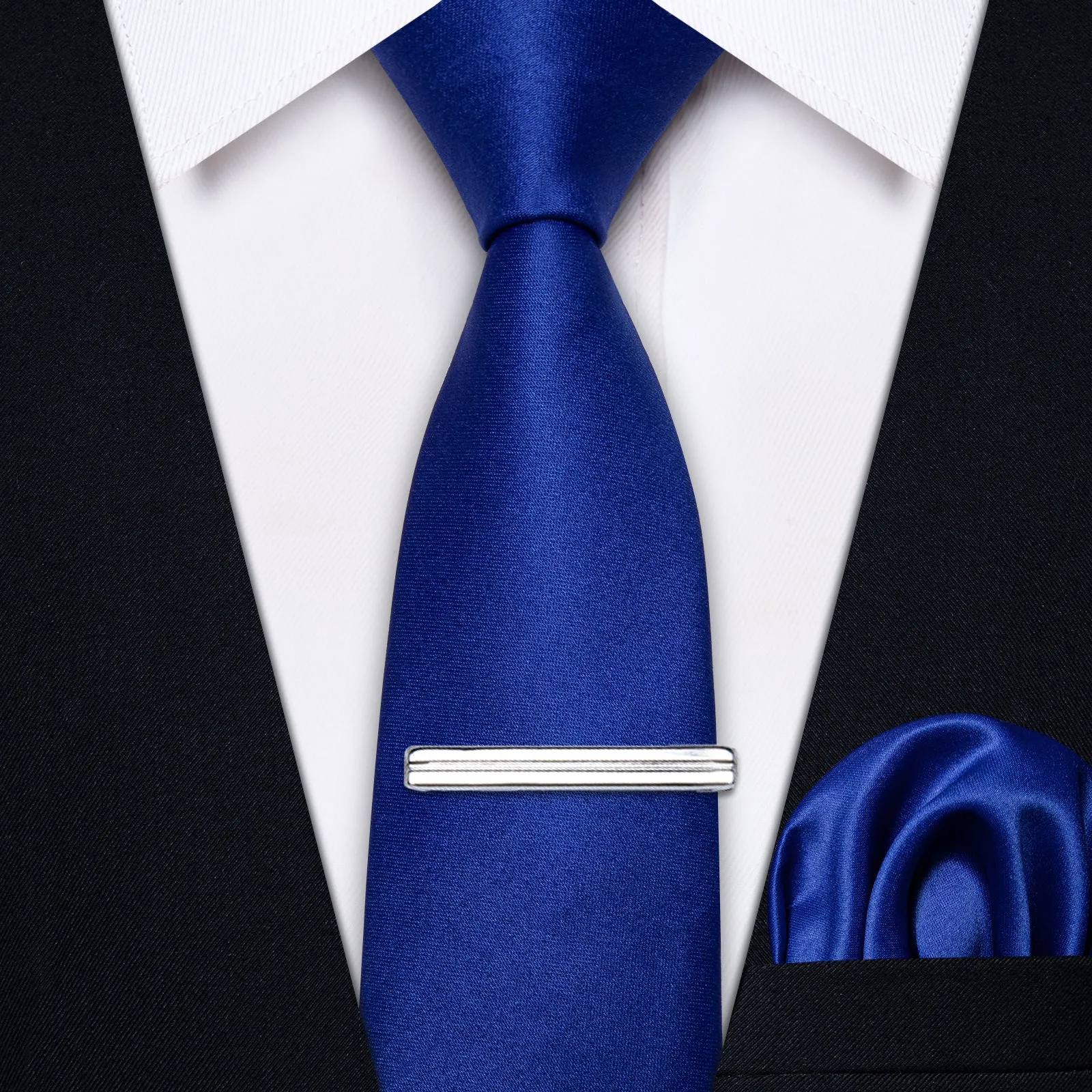 YourTies Navy Blue Solid Necktie Pocket Square and Tie Clips for Men